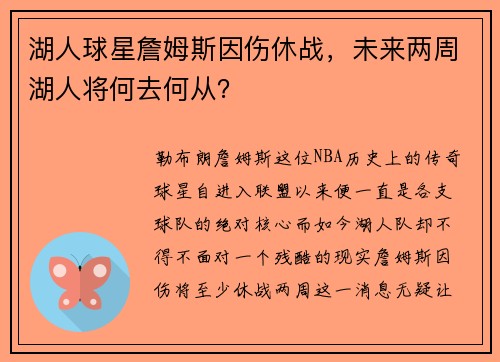 湖人球星詹姆斯因伤休战，未来两周湖人将何去何从？
